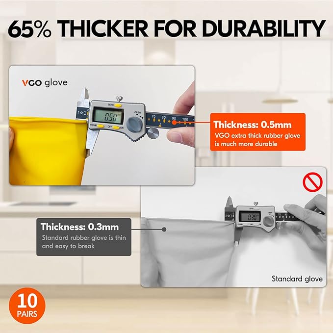 Vgo... 10-Pairs Reusable Household Gloves, Rubber Dishwashing gloves, Extra Thickness, Long Sleeves, Kitchen Cleaning, Working, Painting, Gardening, Pet Care (Size M, Yellow, HH4601)