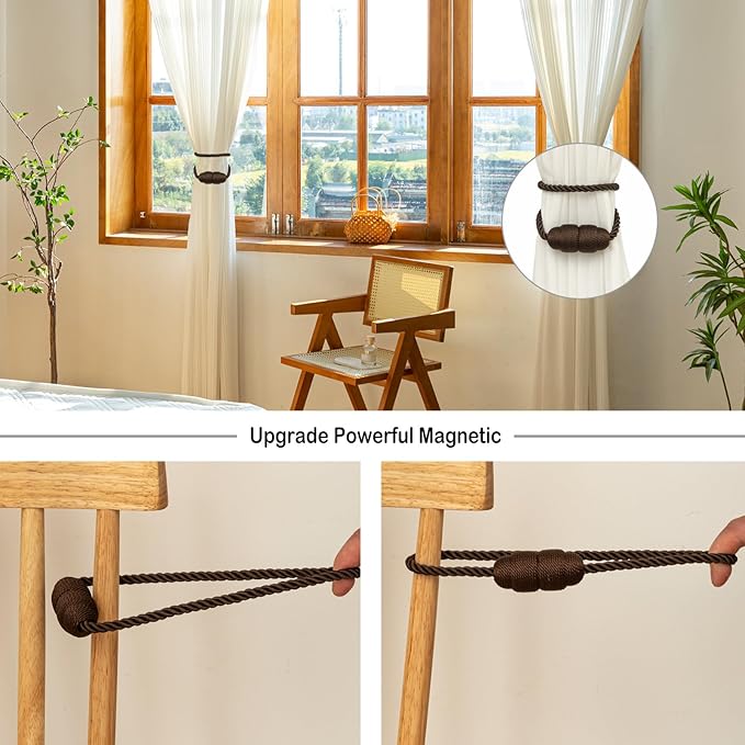 Magnetic Curtain Tiebacks Rope Tie Backs 4 Pack Decorative Window Holdbacks, Coffee