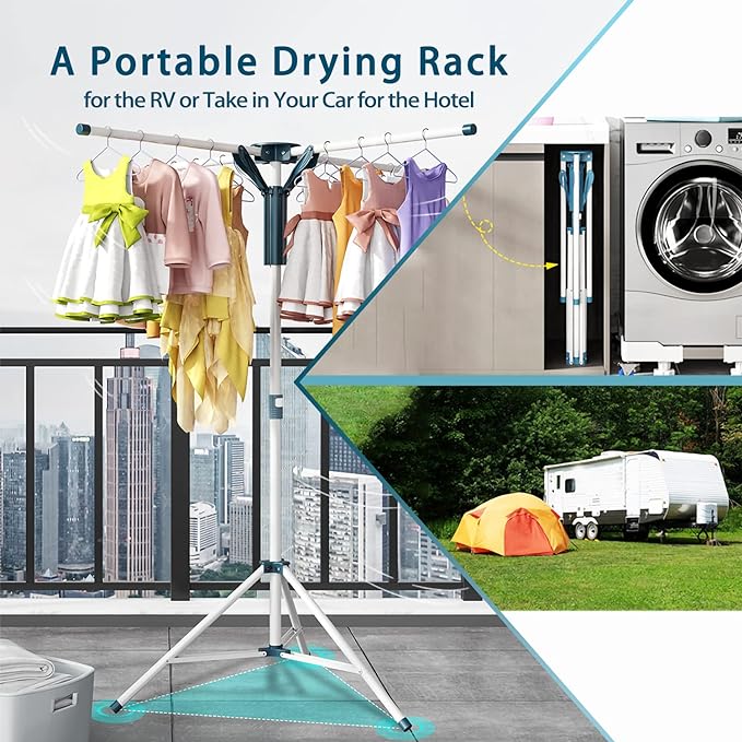 JAUREE Tripod Clothes Drying Rack Folding Indoor, Portable Drying Rack Clothing and Height-Adjustable, Space Saving Laundry Drying Rack with 20 Clips