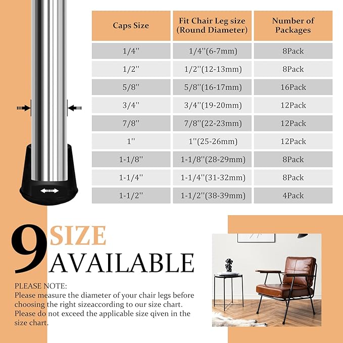 1-1/2” Round Rubber Chair Leg Tips Caps, Chair Leg Floor Protectors Furniture Legs Caps Non Slip Reduce Noise for Hardwood Floors (Black, 4 Pack, Fit :38-39mm)