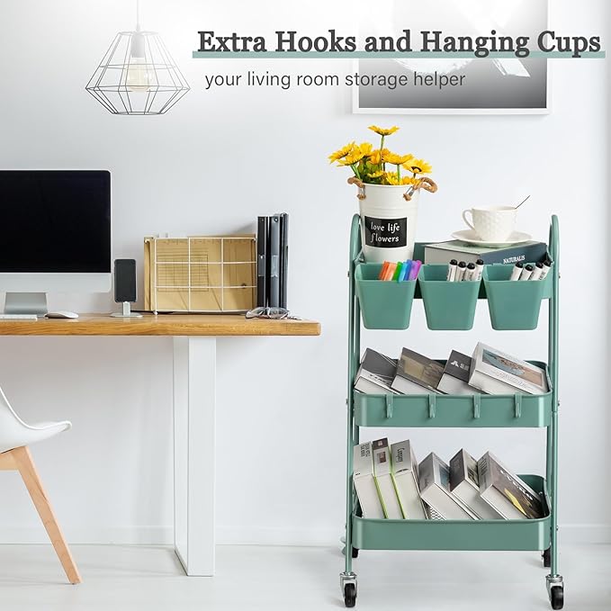 danpinera 3-Tier Rolling Cart, Metal Rolling Storage Cart with Lockable Wheels & Hanging Cups & Hooks, Mobile Trolley for Kitchen, Bathroom, Office, Workshop, Green