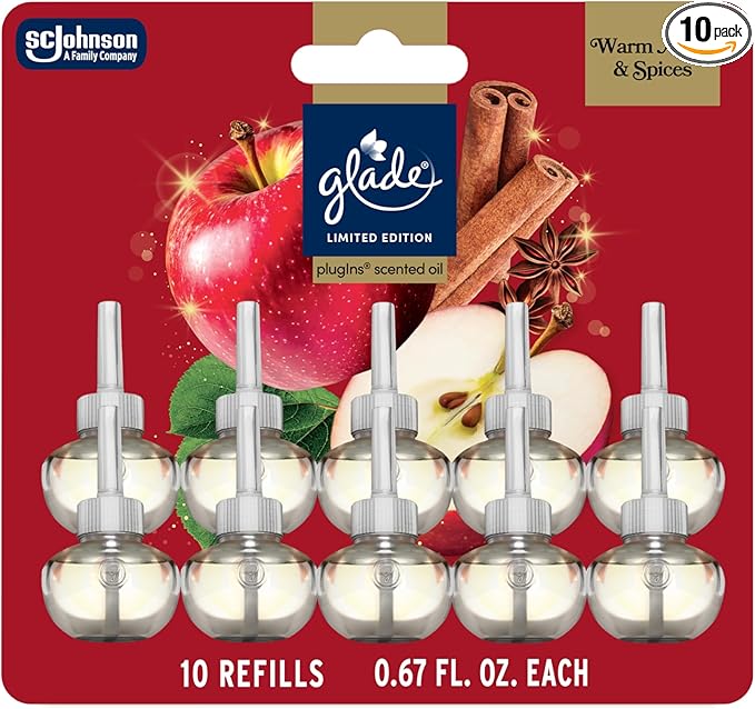 Glade PlugIns Refills Air Freshener, Warm Apple & Spices, Scented and Essential Oils for Home and Bathroom, 0.67 Fl Oz, 10 Count