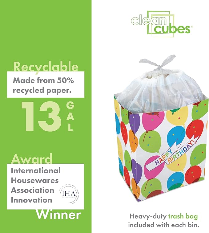 13 Gallon Disposable Pop-Up Trash Cans (3-Pack) with Fitted Bags – Foldable Garbage & Recycling Bins for Parties, Events & Kitchen (Birthday, 17" H x 13.5" W x 10" D)