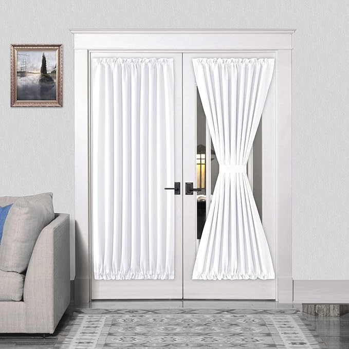 DWCN French Door Curtains – Rod Pocket Thermal Curtain for Doors with Glass Window, Kitchen and Patio Doors for Privacy, 54 X 72 Inches Long, 1 Curtain Panel with Tieback, Pure White