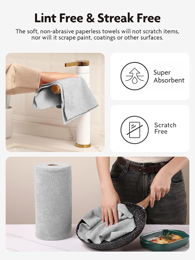 Fantasticlean Microfiber Cleaning Cloth Roll -150 Pack, Tear Away Microfiber Towels, 12" x 12", Reusable, Washable, Ultra Absorbent Dishcloth for Home Supplies, Car, Pet, Kitchen (2 Rolls of Grey)