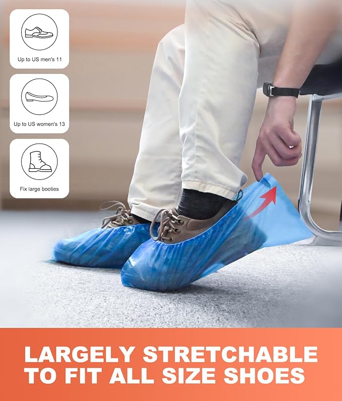 Shoe Covers Disposable – 100 Pack (50 Pairs), Roll-Pack CPE Boot Covers, Waterproof, Stretchable, Fits Up to Men’s 10 / Women’s 12, Ideal for Indoor & Outdoor Use, Easy Storage – Blue