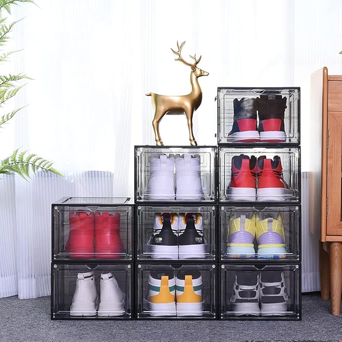 8 Pack Shoe Boxes Clear Plastic Stackable, Drop Front Shoe Storage Organizer for Closet, Sneaker Storage with Magnetic Door, Shoe Display Containers Fit US Size 12(13.4”x 10.6”x 7.5”) Black