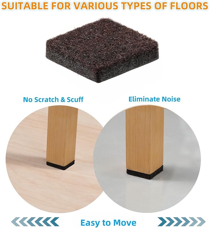 Furnigear Felt Furniture Pads for Hardwood Floors - Self Adhesive Chair Felt Pad, Floor Protector for Furniture Feet, Furniture Sliders Moving Furniture Smoothly, Anti Scratch 96 Pcs 3/4" Square Brown