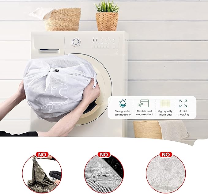 OTraki 2 Pcs Large Mesh Laundry Bags, 24X36 Inch Heavy Duty Drawstring Laundry Wash Bag, Dirty Clothes Laundry Hamper Liner Machine Washable Storage Bag for Travel Dorm Camp Hotel Beach White
