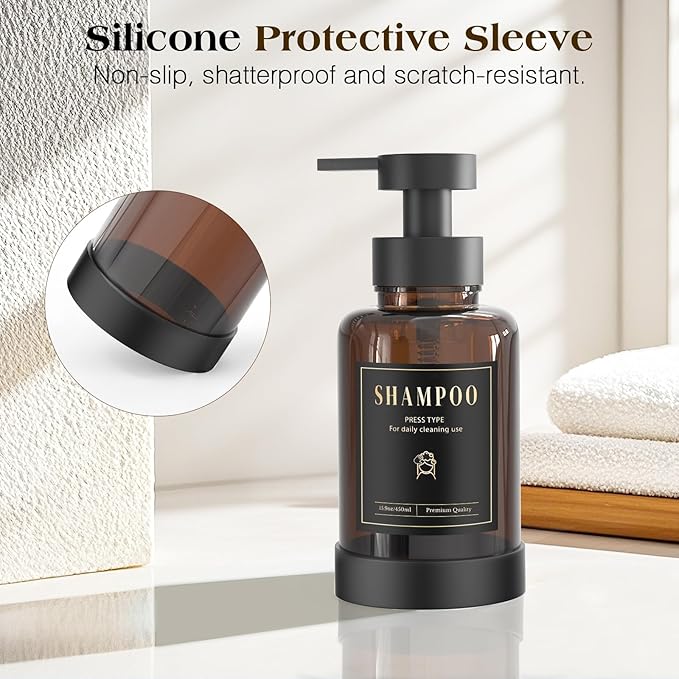 Luxspire Foaming Soap Dispenser, Glass Foam Pump Soap Dispenser, Non-Slip Silicone Sleeve & 5 Waterproof Labels, 15 Oz Refillable Liquid Bottle for Bathroom & Kitchen, Amber, 1 Pack