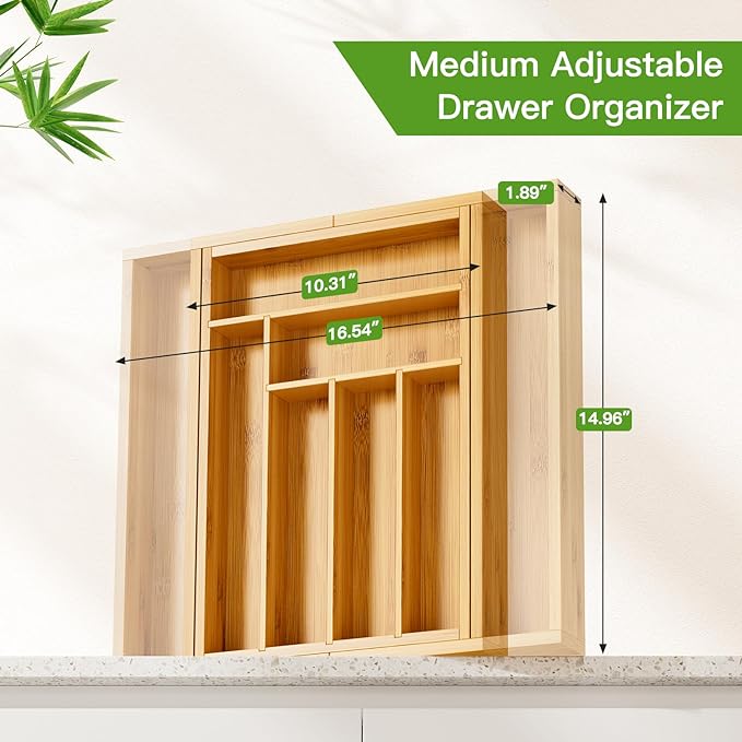 Pipishell Bamboo Expandable Drawer Organizer for Utensils Holder, Adjustable Cutlery Tray, Wood Drawer Dividers Organizer for Silverware, Flatware, Knives in Kitchen, Bedroom, Living Room(M-N)