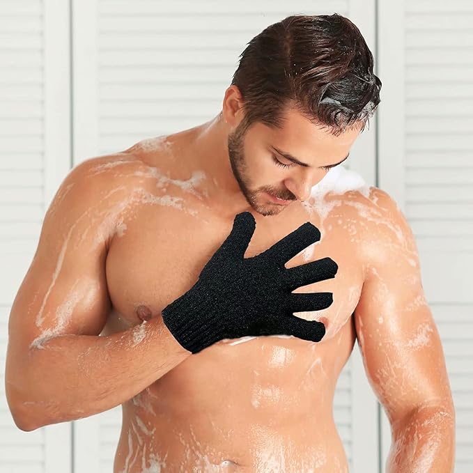 2 Pairs Bath Exfoliating Gloves for men and women – CLEEDY 4 Pcs Heavy and Large Exfoliating Gloves Scrubbing for Shower, Spa, Massage - Scrub Exfoliating Mitts for Body, Face, Hand and Foot (black)