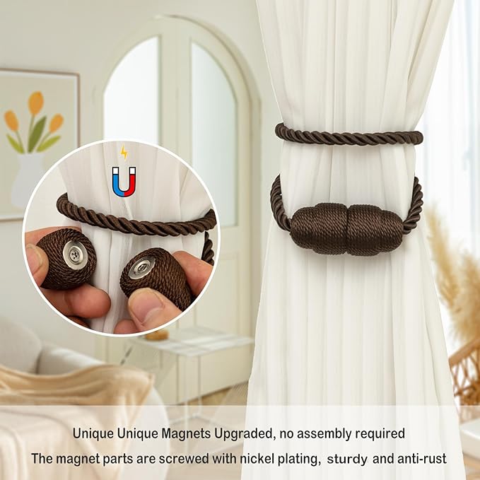 Magnetic Curtain Tiebacks Rope Tie Backs 4 Pack Decorative Window Holdbacks, Coffee