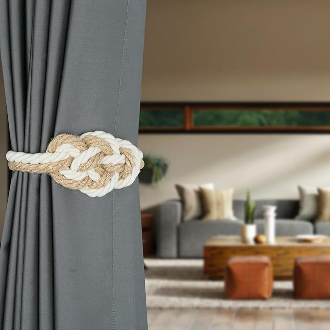 4 Pack Natural Jute Magnetic Curtain Tiebacks, Boho Rustic Style Decorative Curtain Ties Backs for Home & Office Drapery