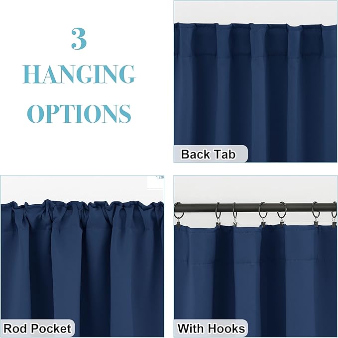 RYB HOME Blackout Curtains for Living Room, Back Tab & Rod Pocket Top Insulating Window Decor for Bedroom Dining Sliding Glass Door Home Office, W 62 x L 84, Navy, 2 Panels