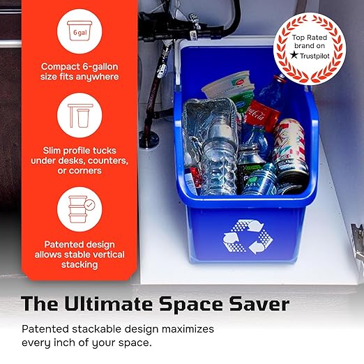 Multi Bin Recycling System with Six Stackable 6 Gallon Recycle Bins to Build Your Recycling Center for Offices, Kitchen, Garages, Businesses - (6 Pack, Blue/Grey)