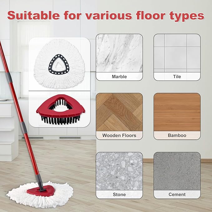 Mop Replace Head Mop Handle for O Cedar Mop, Mop Replacement for Ocedar Spin Mop Includes 2 Mop Heads Replacements 4-Section Mop Handle 1 Mop Base 1 Scrubber Mop Head for O-Cedar Spin Mop