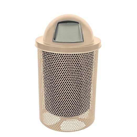 COATEDOUTDOORFURNITURE RDT-P-TAN Heavy Duty Round Trash Receptacle with Dome Top, Liner Included, 32 Gallon, Tan, Made in America