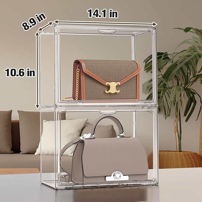 1Pack Clear Stackable Plastic Storage Bins with Magnetic Lid, X-Large Acrylic Display Cases for Book Cosmetic Figures Collectibles Showcase, Shoe Box, Bag Organizer