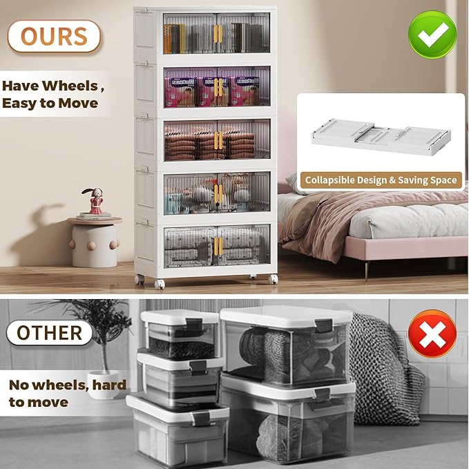 125Gal Stackable Plastic Storage Bins with Lids, Collapsible Closet Organizers and Storage with Wheels for Living Room,Office,Dorm, 30.5" W x 14.6" D x 64.6" H, 5 Tier