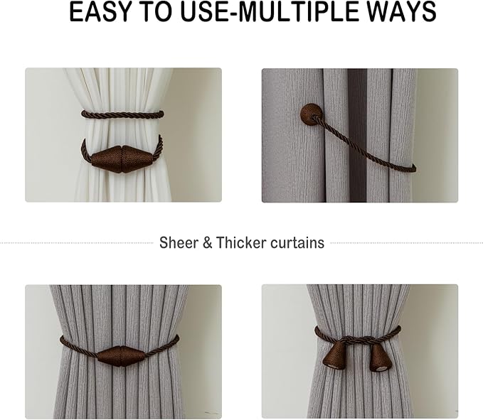 Magnetic Curtain Tiebacks 4 Pack Outdoor Rope Curtain Tie Backs Decorative Window Treatment Holdbacks for Home Decorative Curtain, Coffee