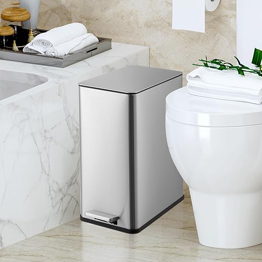 GarveeHome 4 Gallon Step Trash Can, 15 Liter Stainless Steel Rubbish Bin with Removable Inner Bucket, Rectangle Slim Garbage Can with Soft-Close Lid for Bathroom, Living Room, Office, Silver