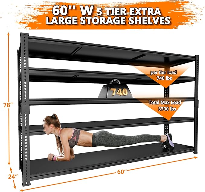 Storage Shelves Heavy Duty 2 PCS,60" L x 24" W x 78" H Garage Storage Shelves Unit Loads 3700LBS, 5-tier Adjustable Metal Industrial Utility Shelf Rack for Kitchen, Laundry Room, Warehouse, Basement