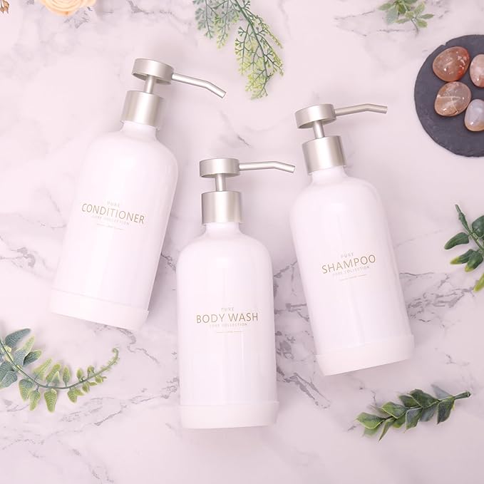 Shampoo and Conditioner Dispenser Set of 3,Refillable 21oz Shampoo Bottles with Non-Slip Protective Silicone Pad,Shower Soap Dispenser with Waterproof Labels for Bathroom (White)