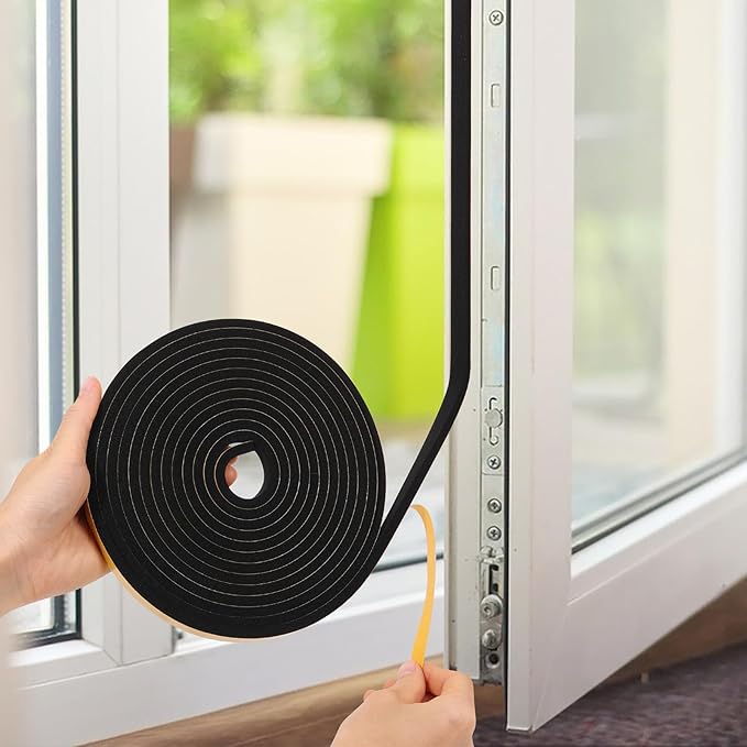 Black Weather Stripping Door Seal Strip (3/5 Inch X 1/16 Inch X 32Feet), Strong Adhesive, Lightproof, Soundproof, Weatherproof Foam Tape Insulation for Sliding Door, Front Door Frame, Windows