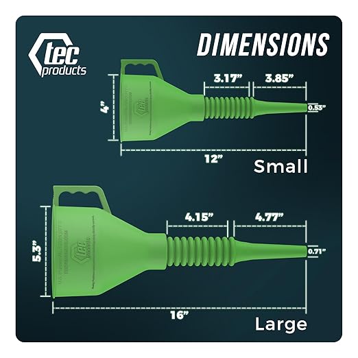 TEC Products FlexAll Long Flexible Funnel for Automotive Use - Durable Nitrile Rubber - Ideal for Car Oil Change, Transmission Funnel Fluid, Diesel, Fuel, Gas - Made in USA - Green (16 x 5 Inches)
