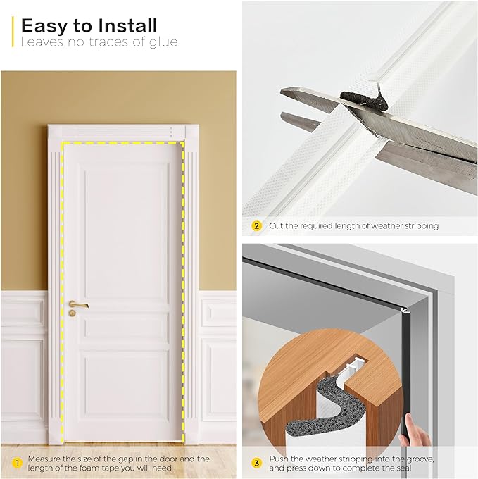 Weather Stripping Door Seal Strip - Soundproof Q-Shaped Foam for Exterior Door Frame, Large Gap Seal, Noise Cancelling, Easy to Install (White, 60FT)