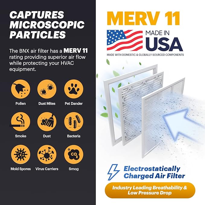 BNX TruFilter 20x23x1 Air Filter MERV 11 (6-Pack) - MADE IN USA - Allergen Defense Electrostatic Pleated Air Conditioner HVAC AC Furnace Filters for Allergies, Dust, Pet, Smoke, Allergy MPR 1200 FPR 7