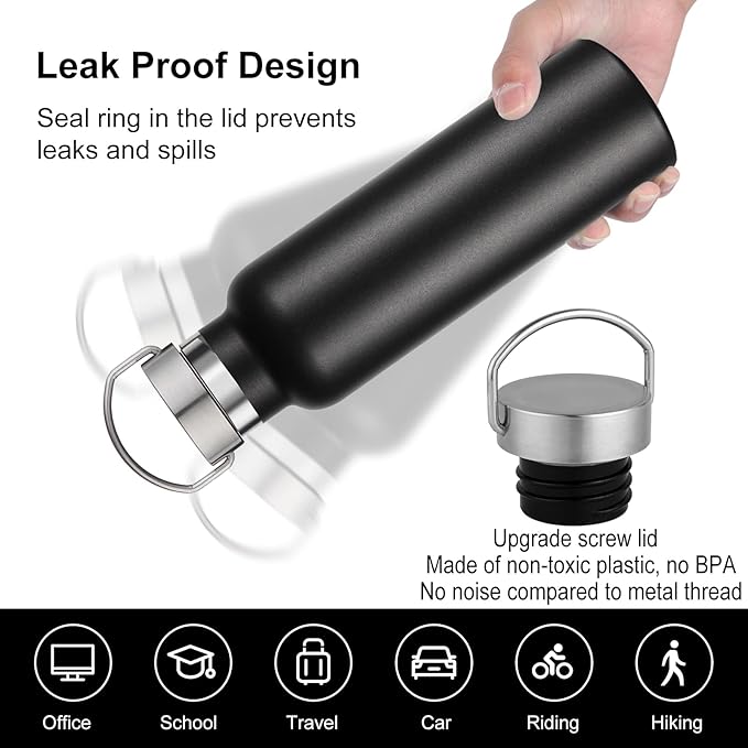 Neihepal 20 oz Insulated Water Bottles Bulk 2 Pack,Stainless Steel Double Wall Sport Bottle with Lid of Handle,Metal Reusable Thermoses Flask with Cup Cap for School,Hikers,Gift (Black,Set of 2)