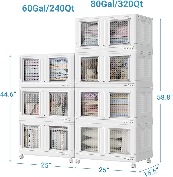 BROVIEW 140Gal Stackable Storage Bins with Lids & Wheels, 560Qt Plastic Collapsible Closet Organizer and Storage Drawers, Storage Boxes Cabinets for Home, Office, 7 Pack, White