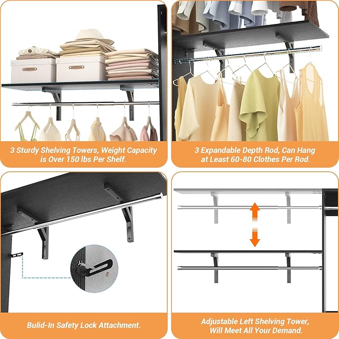 8FT Closet System with Shelves, 96'' Closet Organizer System with 3 Hanging Rods, Wall Mount Bedroom Wardrobe Walk-in Closet, Adjustable Cloth Garment Rack from 5 to 8FT (Cut to Fit), Black