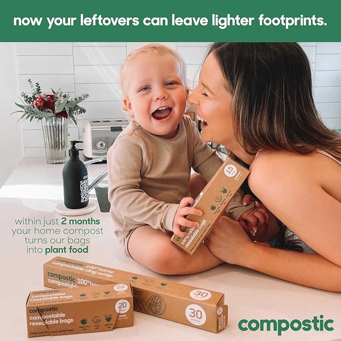 Compostic Home Compostable Resealable Sandwich Bags (7"x7"), Microwave & Freezer Safe, Organic Food Storage Container, 100 Count (Pack of 1)