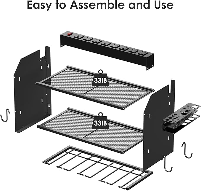 CCCEI Modular Power Tool Organizer Wall Mount with Charging Station. Garage 4 Drill Storage Shelf with Hooks, Screwdriver, Drill Bit Heavy Duty Rack, Tool Battery Holder Built in 8 Outlet Power Strip.