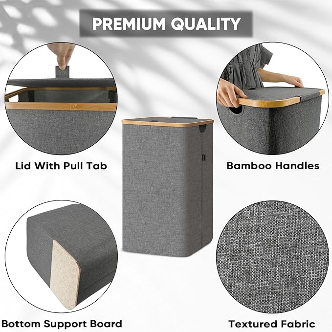 BALEINE Laundry Hamper with Lid, Tall Laundry Baskets with Bamboo Pull Handles, Large Laundry Bin with Internal Support (26 Gal/100L, Beige)
