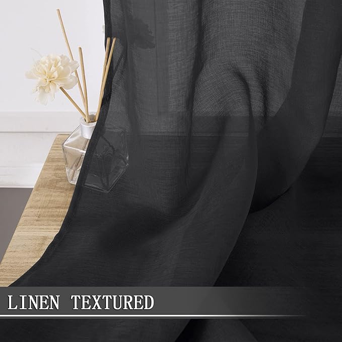 Tollpiz Sheer Curtains Linen Textured Living Room Curtain Sheers Light Filtering Rod Pocket Voile Curtains for Bedroom, 42 x 63 inches Long, Black, Set of 2 Panels