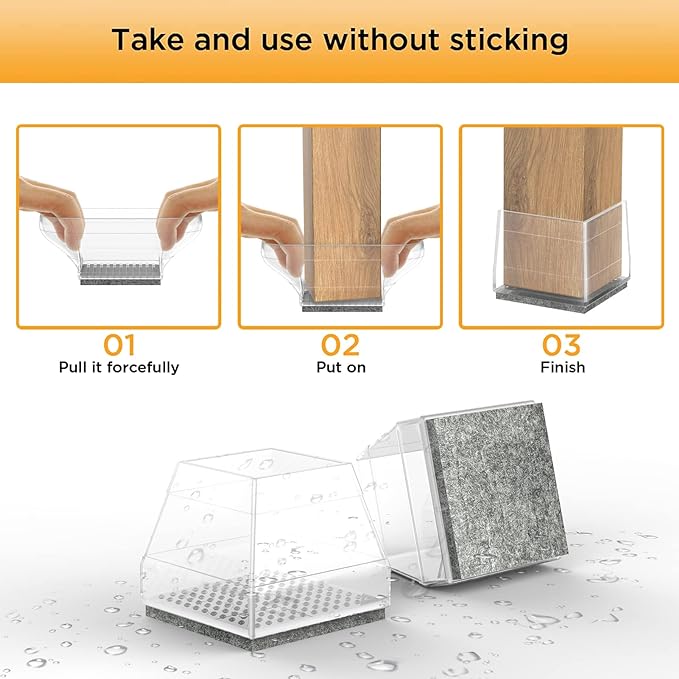 Square Chair Leg Protectors for Hardwood Floors,16 Pcs Silicone Felt Furniture Legs Caps to Prevent Floor from Scratches and Reduce Noise, Easy to Move,1.3-1.54",Clear.