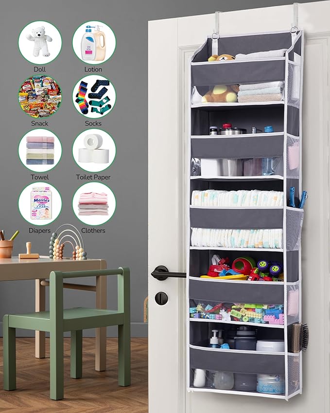 ULG 1 Pack Over Door Organizer with 5 Large Pockets 10 Mesh Side Pockets, 44 lbs Weight Capacity Hanging Storage Organizer with Clear Window Kids Toys, Shoes, Diapers, Dark Grey, 5 Layers