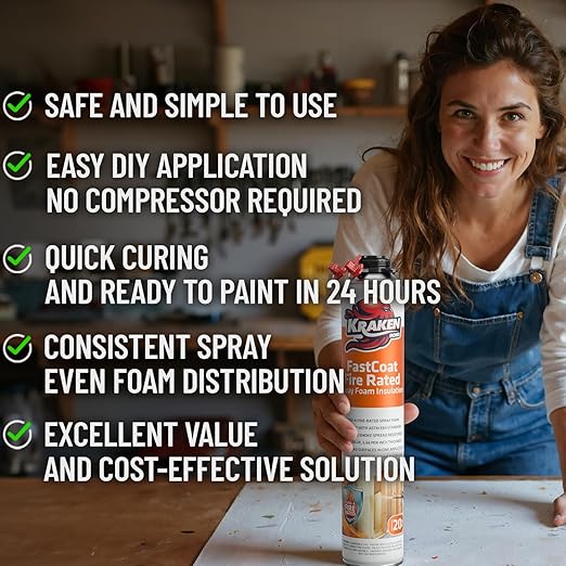 Kraken Bond Fastcoat Fire Rated Spray Foam Insulation Kit Closed Cell in a Can 240 sq ft (12x27.1 oz.)(R-Value 11.32 / 2in)- Spray Foam for Garage Door, Attic, Wall Gun & Cleaner Not Included, 12 Pack