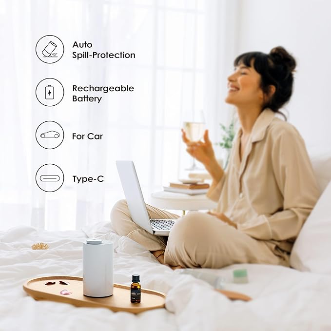 Airversa Waterless Diffuser for Essential Oil, Battery Operated Nebulizer, 0.7 Fl.Oz./ 20mL Capacity, Mini Scent Air Machine, 3 Countdown Timers & 3 Mist Levels for Home, Room, Car, Office - AN6 White