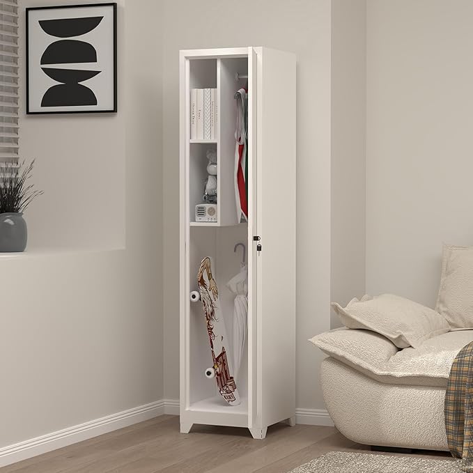 Slim Broom Storage Cabinets, Metal Cabinet with Shelves and Hanging Rod, 65" Utility Storage Cabinet with Locking Door, Tall Cleaning Cabinets for Kitchen, Pantry, Office, Shop, Garage