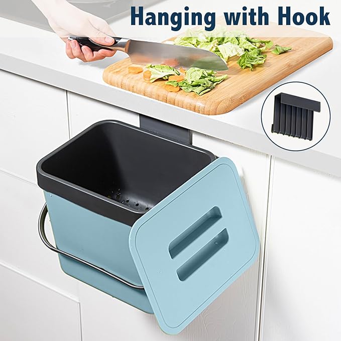 Compost Bin Kitchen, LALASTAR 7L Wall-Mounted Under Sink Small Garbage Can for Kitchen, Odor-Free Food Waste Basket Bin, 1.8 Gallons, Blue