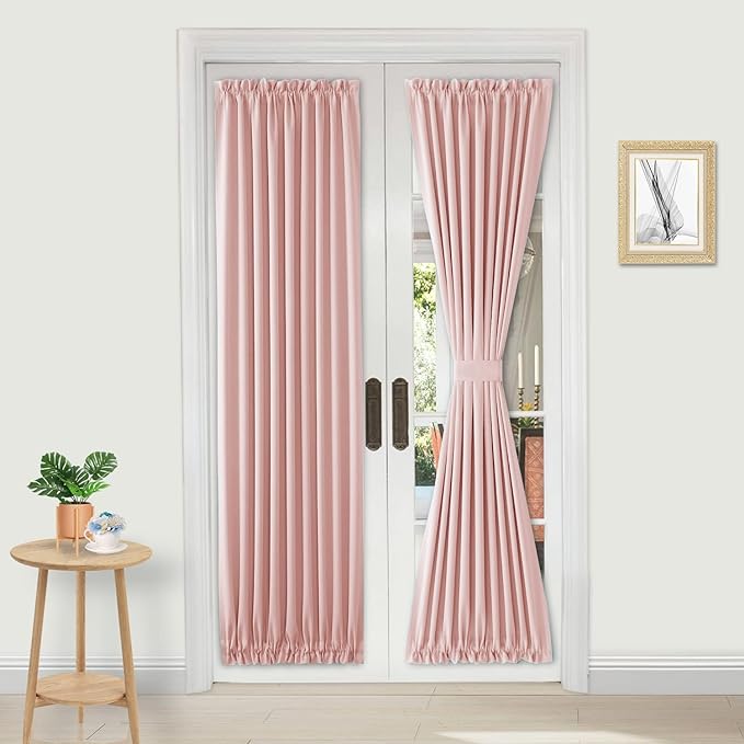 DWCN French Door Curtains – Rod Pocket Thermal Blackout Curtain for Doors with Glass Window, Kitchen and Patio Doors for Privacy, 36 X 72 Inches Long, 1 Curtain Panel with Tieback,Blush Pink