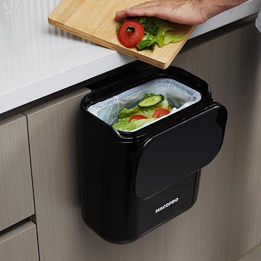 Compost Bin Hanging Trash Can with Lid Under Sink for Kitchen, Food Waste Bin for Countertop with Lid, Mountable Garbage Can for Bathroom, RV, 8L/2.6Gal