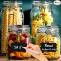 4 Glass Food Storage Jars with Airtight Lids + Chalkboard & Marker, Kitchen Canisters for Flour, Sugar, Coffee, Cereal, Pasta, Canning, Cookie Jar with Clamp Lid, Square Mason Jars 2-78oz, 2-34oz