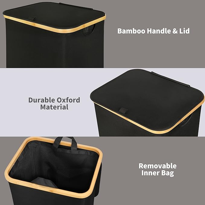 100L Laundry Basket with Lid and Net Bag, Tall Laundry Hamper with Bamboo Handles, Aesthetic Dirty Clothes Bin for Laundry Room, Bathroom, Bedroom and Dorm, Black
