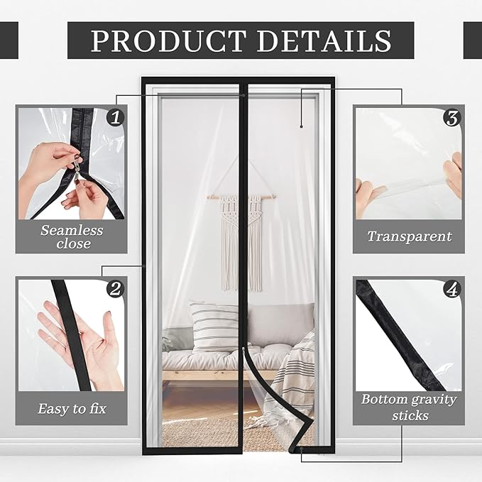 Amylove Zipper 48 x 87 Inch Dust Barrier Door Kit Construction Door Barrier 4 x 7.25 ft Reusable Plastic Curtain Cover Containment Standard Doorway Temporary Wall Screen Sheeting for Bathroom Hallway